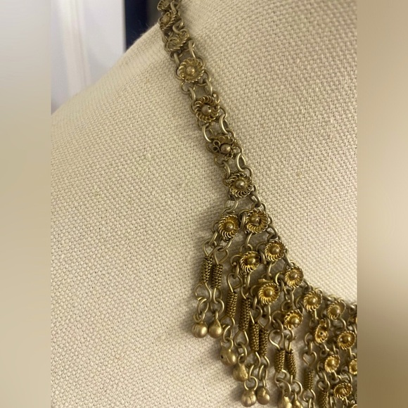 Vintage Brass Filigree Rosette Bib Necklace w/ Tiny Dangling Bells. - Picture 5 of 8